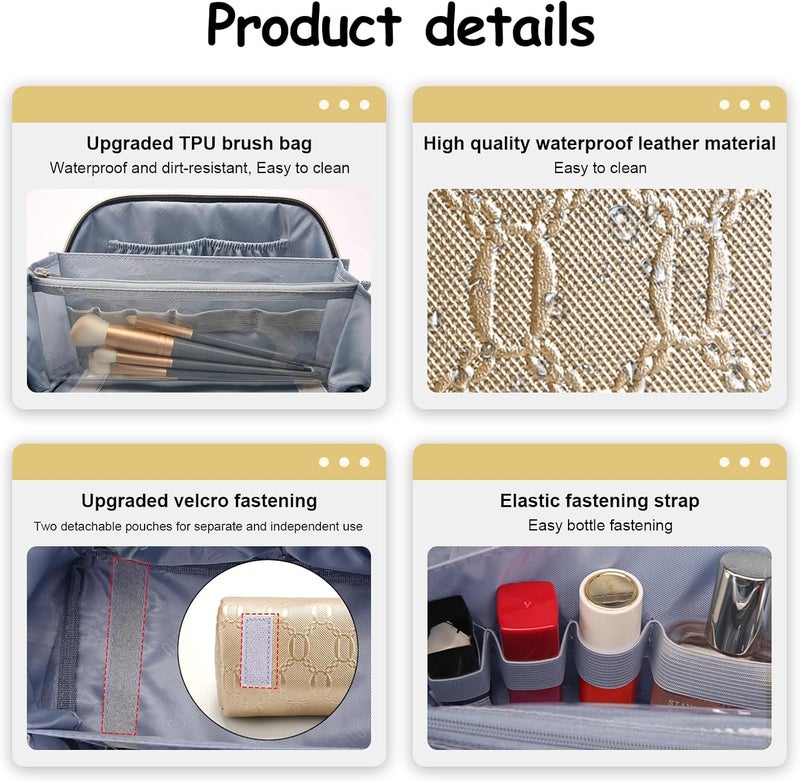BOYATU Travel Makeup Bag for Women: Cosmetic Organizer Bag with Compartments - Leather Make up Bags Set of 3 (G-5-Gold Yellow) - Image 4